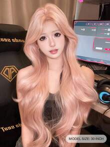 30英寸浅粉色中分波浪假发 - 4x2浅棕色蕾丝前片半手工编织耐热合成纤维假发 - 超长淡粉色美人鱼卷发，玫瑰网帽，适合所有肤色 - 粉色 - 查看 3