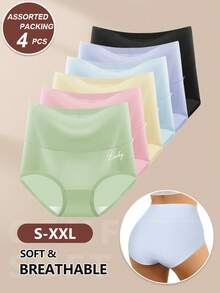 MEIYATING 4件/包随机女士无缝弹力三角裤高腰收腹冰丝内裤，轻薄夏季薄款 - 彩色 - 查看 4