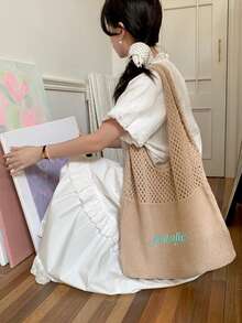 1pc Women Personalized Hollow-Out Knitted Shoulder Bag, Beach Vacation Tote, Fashion Versatile Handbag With Large Capacity, Suitable For Wedding Bride & Bridesmaid Gift, Office Work Commute Tote, Multi-Functional Shopping Bag, Ideal For Daily Use, Gift For Family, Friends, Mom, Partner, Great For Mother's Day, Valentine's Day, Nurse's Day, Teacher's Day, Christmas, Birthday - Multicolor - View 6