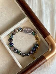 1 chiếc vòng tay ngọc trai óng ánh hình dạng bất đối xứng Baroque nước ngọt tự nhiên, màu đen và xanh lá cây công - Nhiều màu - Xem 3