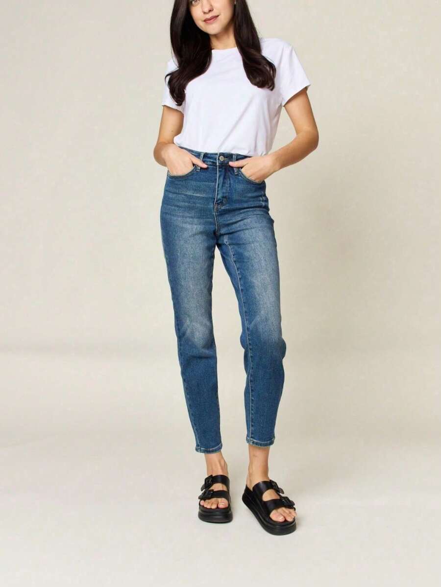 Women's Casual Jeans Urban Tummy Control High-Waisted Denim Pants Medium Blue Full Length Button And Zipper Closure Stretch Fit For Casual Everyday Wear