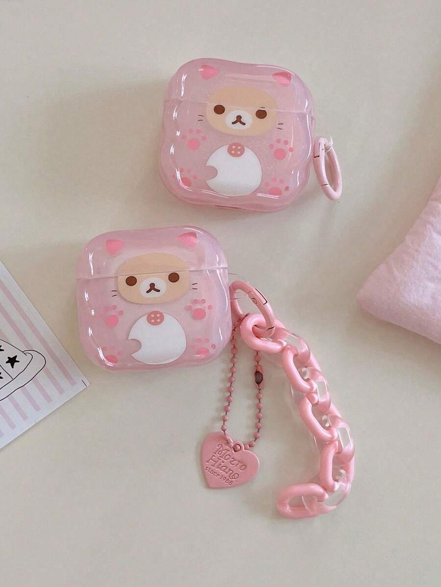 1个猫咪泰迪熊图案保护壳，兼容苹果3、Pro、2、3、Pro 4、5（不含耳机） - 粉色 - 查看 1