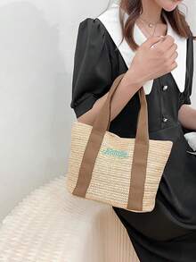 1pc Personalized Handmade Woven Tote Bag For Women, Fashionable And Versatile For Work Commute, Large Capacity Portable Organizer Bag For Travel, Beach, Shopping, Embroidered Customized Letter Design, Suitable For Daily Use, Great Gift For Family, Friends, Mom, Mother's Day, Valentine's Day, Nurse's Day, Teacher's Day, Christmas, Birthday - Multicolor - View 7