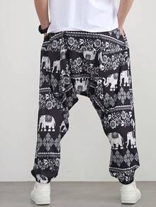 1pc Punk Style Elephant Print Loose Fit Harem Pants For Men, Random Print Design, Fall - Black - View 7