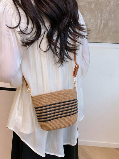 Summer Striped Straw Bag New Fresh And Simple Simple Straw Bag Weaving Bag Vacation Beach Bag Versatile Women's Bag Women's Dating Play Essential