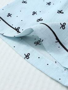2pcs/Set Comfortable Mini Dot & Bow Print Lapel Button Short Sleeve Top With Pocket And Bow Shorts Pajama Set For Women, Suitable For Home Use, Spring/Summer - Blue - View 7