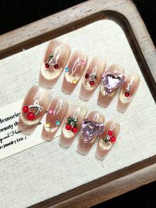 Handmade Wearable Nails, Press-On Fake Nails, Glitter, Faux Cherry, Big Heart Rhinestone, Bow Tie, AB Version, Fashion High-End, High-Grade Cat Eye Effect, Reusable For Women - Pink - View 3