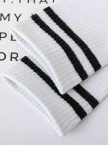 3 Pairs Women Striped Pattern Mid-Calf Socks, White Knee-High School Socks
