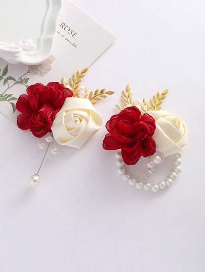 1枚腕花+1朵胸花，大朵红色百合花配米色点缀，优雅的新娘派对胸花，适用于伴娘、伴郎、婚礼、正式场合