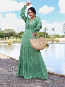Elegant Printed Boho Chic Long Dress - Mint Green - View 3