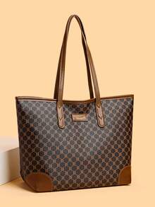 1 Set Large Capacity Tote Bag & Wallet, Fashionable Shoulder Bag For Middle-Aged Women, Autumn/Winter - Brown - View 3