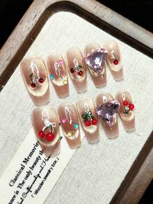 Handmade Wearable Nails, Press-On Fake Nails, Glitter, Faux Cherry, Big Heart Rhinestone, Bow Tie, AB Version, Fashion High-End, High-Grade Cat Eye Effect, Reusable For Women - Pink - View 2