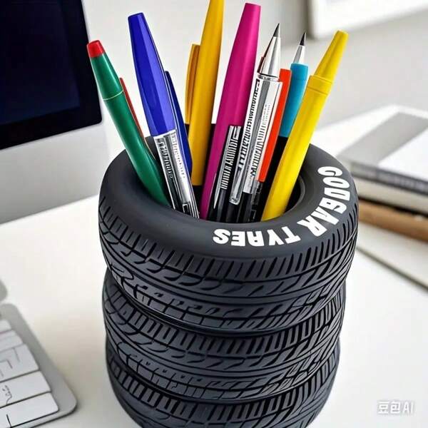 1pc Tire Shaped Pen Holder - Black PVC Office Desk Organizer, With Letters, Suitable For School And Office,Pencil Case,Pencil Pouch,School Bag