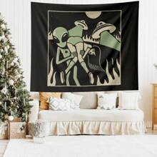 1 pezzo Tappezzeria da parete in poliestere a tema alieno, design UFO, per decorazione della casa nel soggiorno o camera da letto, colori nero e verde, tema cosmico unico e elegante, tessuto leggero, tappezzeria da appendere alla parete