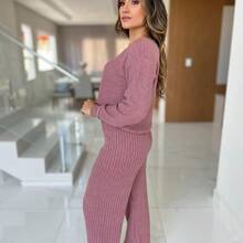 Women's Knitted Mousse Cropped Top And Pants Set Winter Blouse And Pants Set - Bộ hoa hồng - Xem 2