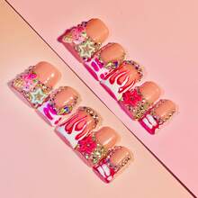 Sugar Burn Duck Tip Press On Nails, Handmade Pink Flame Nails, Ice Cream Charms, Stars, Rhinestones, Sweet Y2K Glam Summer - Pink - View 3