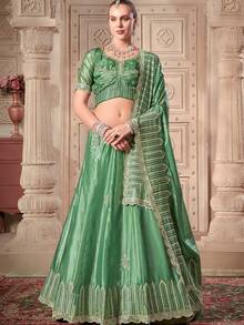 Elegant Green Soft Paper Silk Wedding Wear Lehenga Choli - Green - View 1