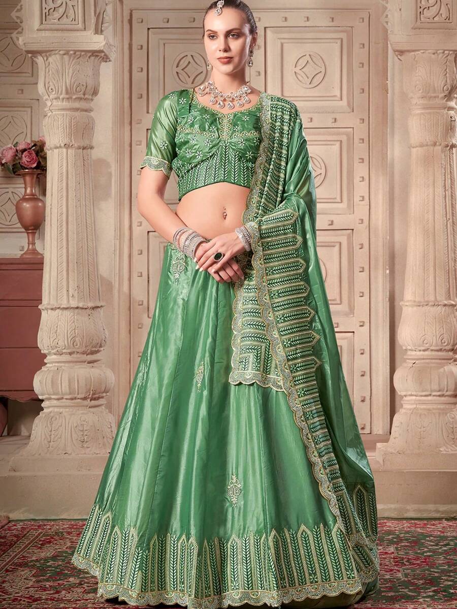 Elegant Green Soft Paper Silk Wedding Wear Lehenga Choli - Green - View 1