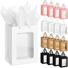 4 piezas Bolsa de regalo con ventana transparente, Caja de regalo de papel grande con asa, Bolsa de compras de papel Kraft con ventana transparente, Bolsa de regalo transparente para regalos, fiestas y festivales - Multicolor - Ver 1