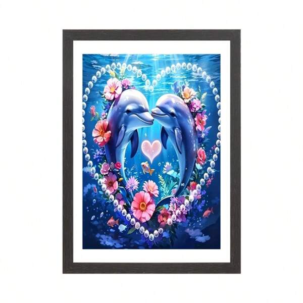 1pc Framed Painting, Dolphin Love Art Painting, Rhinestone Embossed Art Crafts For Wall Decor, Surprise Gift, Can Be Hung Or Displayed, School Supplies,Back To School