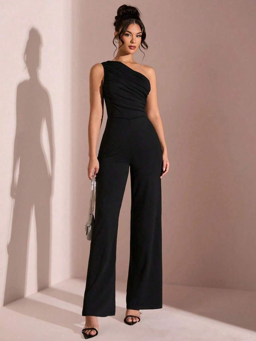 Swisz Women's Casual Asymmetrical Pleated Wide Leg Jumpsuit With Long Tank Top - màu đen - Xem 1