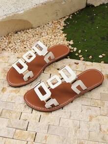 Sandálias rasteiras femininas com fivela quadrada e decoração, sandálias de praia femininas, primavera/verão