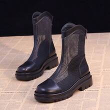 Thick Sole Mesh Breathable Hollow Short Boots For Women 2025 Spring Summer New Versatile Black Perforated Boots - Black - View 1