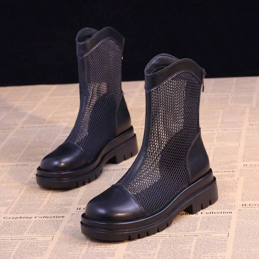 Thick Sole Mesh Breathable Hollow Short Boots For Women 2025 Spring Summer New Versatile Black Perforated Boots - Black - View 1