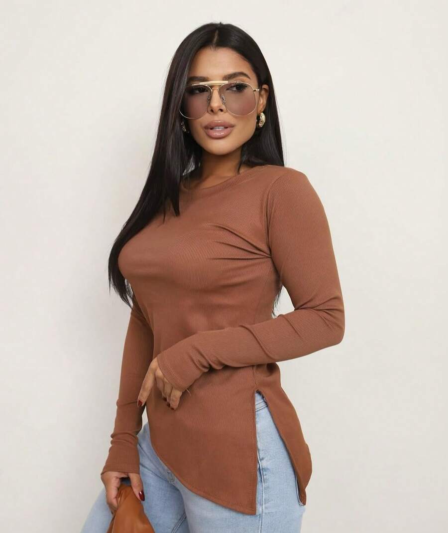 Women's Ribbed Blouse Simple Casual Elegant Split Asymmetric Fall/Winter - 鏽棕色 - 查看 1