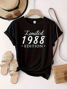 Camiseta gráfica negra para mujer de edición limitada de 1988, camiseta de manga corta con cuello redondo de algodón de 180 g, idea de regalo de cumpleaños de estilo vintage, ropa casual diaria para damas, tela suave y transpirable de moda, estampado de año retro, top de moda de ajuste clásico - Negro - Ver 2