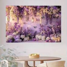 1 pièce, Tissu de fond thématique floral violet avec lanternes, papillons et fleurs - Beau fond de photographie convenant pour la beauté, les fêtes et les célébrations - Matériel professionnel, sans alimentation électrique, parfait pour les activités intérieures et extérieures, fond de fête | Décoration élégante | Tissu durable, décoration florale