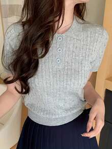 Women's Casual Turndown Collar Button Short Sleeve Knit Top - Grey - View 5