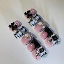 Stellar Bow Ribbon Press On Nails 10Pcs, Handmade 2026 Spring Zebra Print Nails With Black Bow, Stars & Space Charms, Balletcore Coquette Y2K Glam, Reusable Gel Acrylic - Đen và trắng - Xem 6
