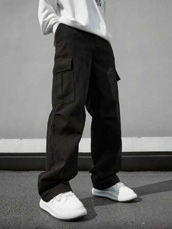 1pc Tween Boys' Comfortable Casual Loose Straight Leg Multi-Pocket Pants, Spring/Summer/Autumn