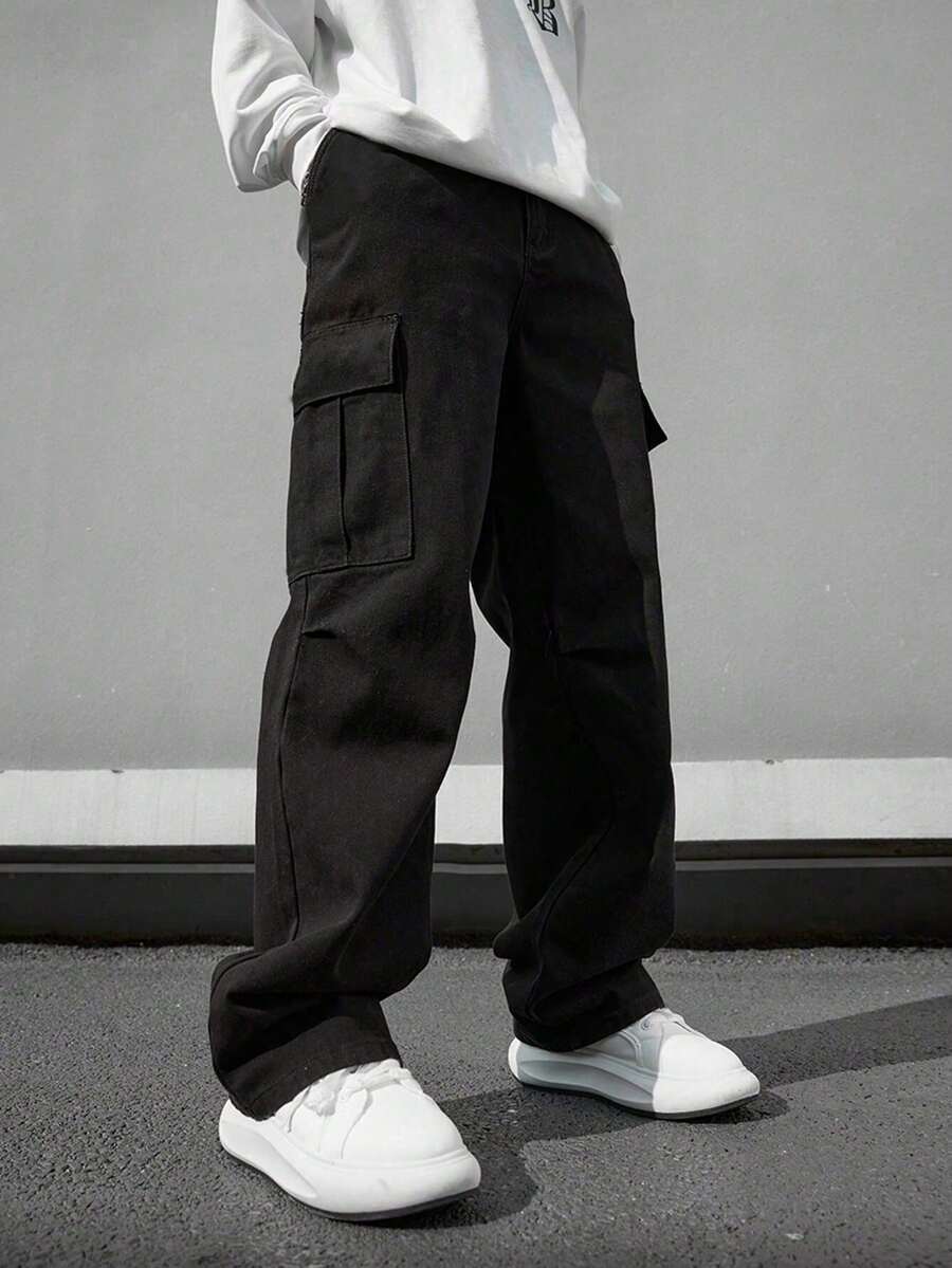 1pc Tween Boys' Comfortable Casual Loose Straight Leg Multi-Pocket Pants, Spring/Summer/Autumn