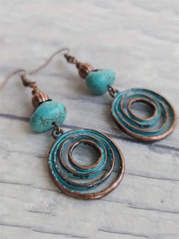 1 paire de boucles d'oreilles circulaires vintage bohèmes creuses en faux turquoise, un cadeau de bijoux convenant pour le port quotidien et les jours fériés pour les femmes
