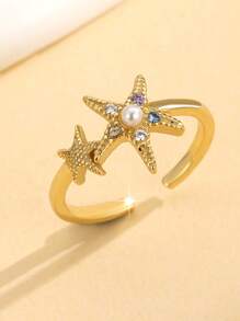 1 Peça Anel Ajustável de Pé de Prata Sterling S925 com Estrela do Mar de Pérola e Cristal, Adequado para usar em atividades na praia, presente