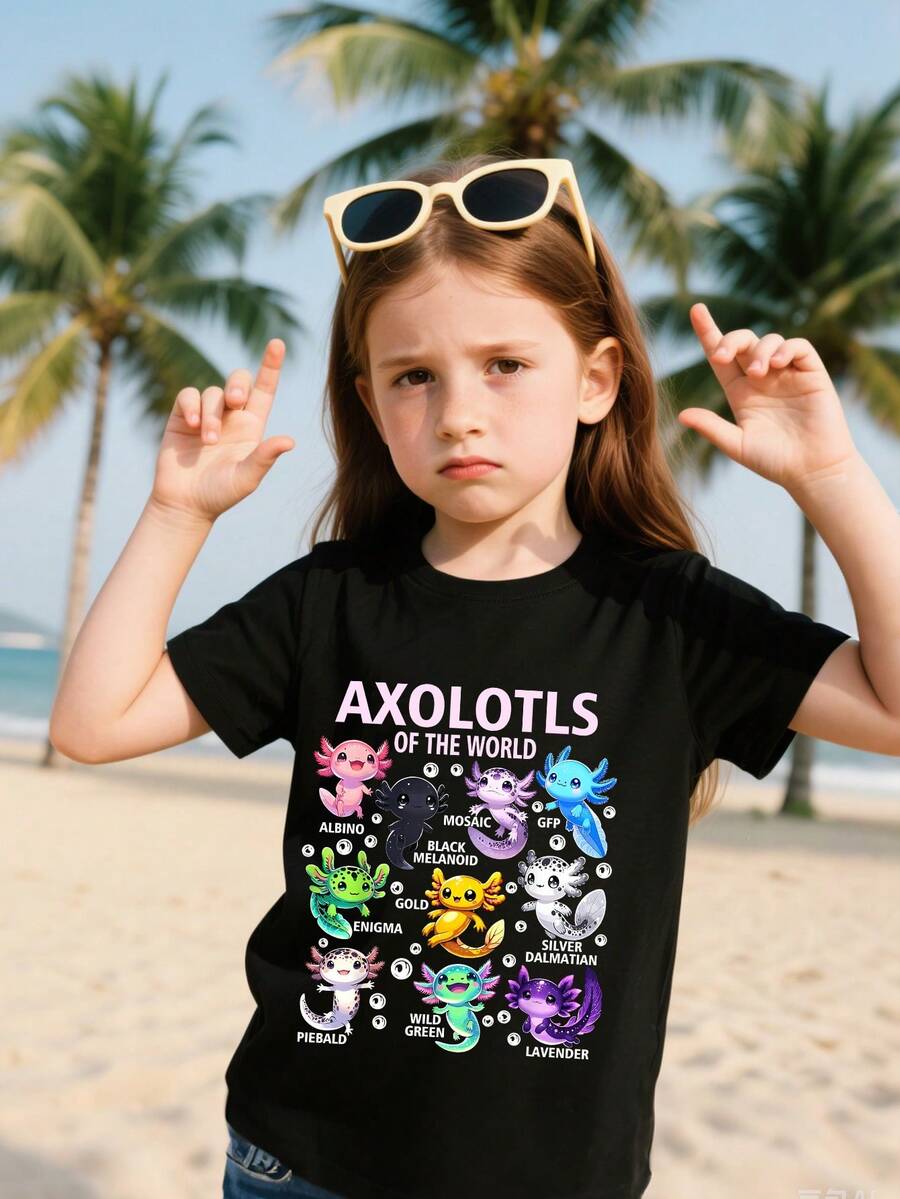 Young Girls' Fun Slogan Printed Short Sleeve T-Shirt, Summer - Black - View 1