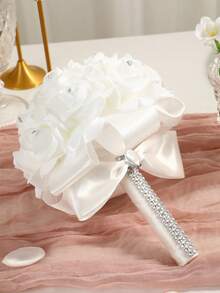 1件装奢华新娘捧花，水晶水钻缎带蝴蝶结人造玫瑰花，婚礼新娘手抛花，伴娘捧花，教堂仪式，求婚，舞会玫瑰蕾丝缎带拍照道具，情人节配饰