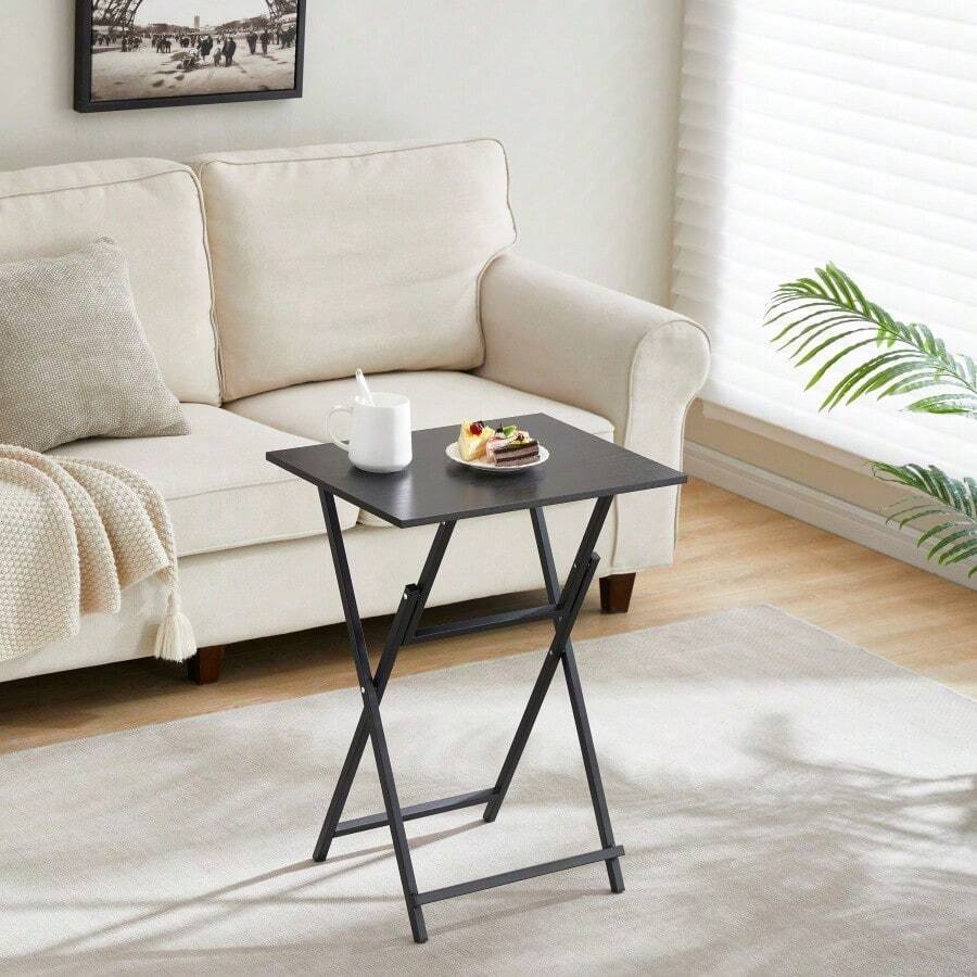 Black 2-Piece Folding TV Tray Table No Assembly Required Portable Sofa Side Table, Industrial Snack Table For Small Spaces, Space-Saving Easy To Fold Wood Rustic - 1 - View 1