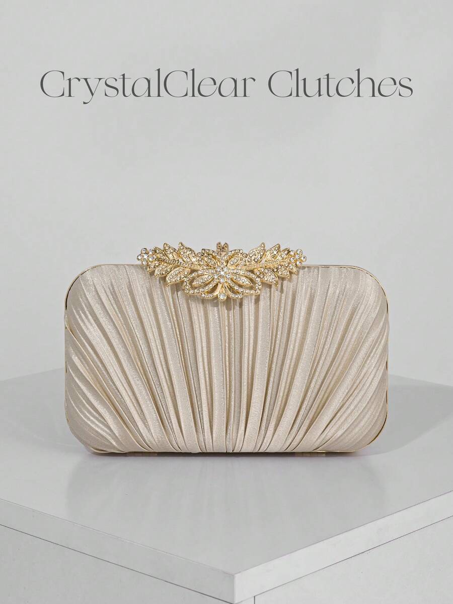 女士时尚个性化水晶装饰翻盖盒晚宴包，适合婚礼、庆典、正式活动、派对手拿包、高品质杏色褶饰宴会链条单肩包/斜挎包 - 杏色 - 查看 1