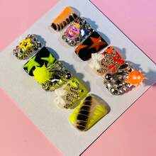 Star Riot Duck Tip Press On Nails, Handmade Cyber Y2K Nails, Neon Stars, Spikes, Piercings, Charms, Alt Glam Statement Summer Easter - Cadet Blue - View 2