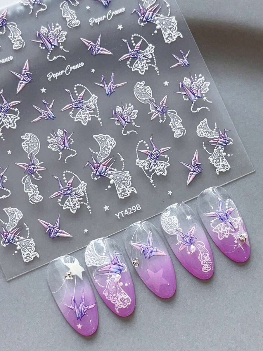 3D 全息纸鹤美甲贴纸 - 自粘式、可重复使用、闪闪发光的彩虹色设计，适用于 DIY 美甲、日记本和笔记本、DIY 美甲浮雕贴纸塑料饰面、美甲