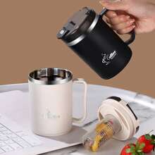 1pc 450/500ml 304 Stainless Steel Coffee Mug With Tea Strainer & Folding Spoon, Double Layer Thermal Insulated Coffee Cup With Handle, Leak-Proof Milk Tea Water Cup, Anti Scalding Drinking Cup Drinkware For Hot & Cold Water, Suitable For Adults & Students Use In Kitchen, School, Office, Dorm, Party, Picnic And Camping