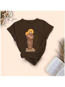 Camiseta Unissex Estampada Com Santo Antônio Igreja Fé Amor Carinho Católica - Marrom - Visão 1