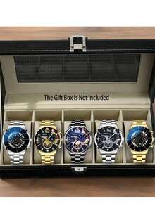 5 件套男士石英表套装，简约风格，圆形合金表壳，商务合金表带，优雅礼品套装