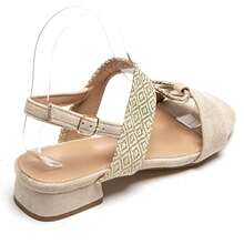 Block Heel Sandals With Woven Strap And Decorative Buckle - Beige 3879 - View 4