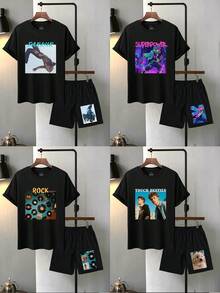 Conjunto personalizado de 2 peças masculino - camiseta casual folgada e shorts com cordão, ideal para streetwear, roupas esportivas, férias, atividades ao ar livre, primavera, verão e outono. Presente ideal para namorado, família e amigos em aniversários, feriados, escola, uso diário, datas comemorativas, Natal, Halloween, Dia da Independência, Eid Al-Adha e Dia de São Patrício. Você pode usar suas próprias fotos/logotipos para personalização. - Preto - Ver 3