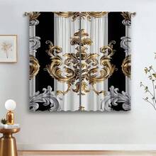 2pcs Black & White Bohemian Style Floral Curtains, Golden Modern Art Printed Curtains With Rod Pockets, Polyester, Classic Style For Bedroom, Office, Kitchen, Living Room, Home Decor