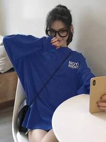 女士宽松休闲街头字母印花长袖 T 恤，百搭日常穿着，春/秋 - 藍色 - 查看 6